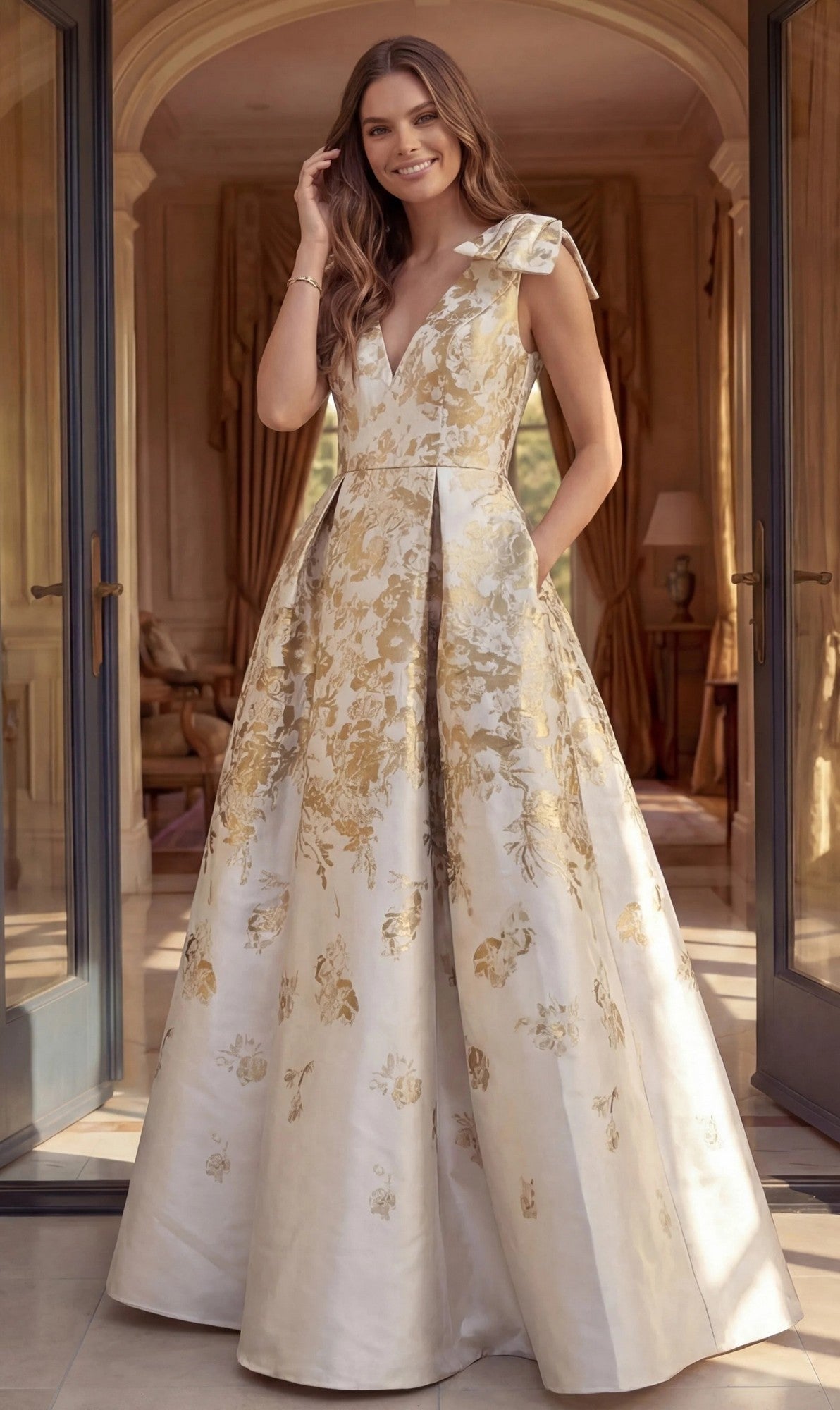 A woman stands smiling in a doorway with her hand in the pocket of the Long Formal Dress: Jovani 47491—a sleeveless, floor-length champagne evening gown featuring metallic gold brocade floral details.